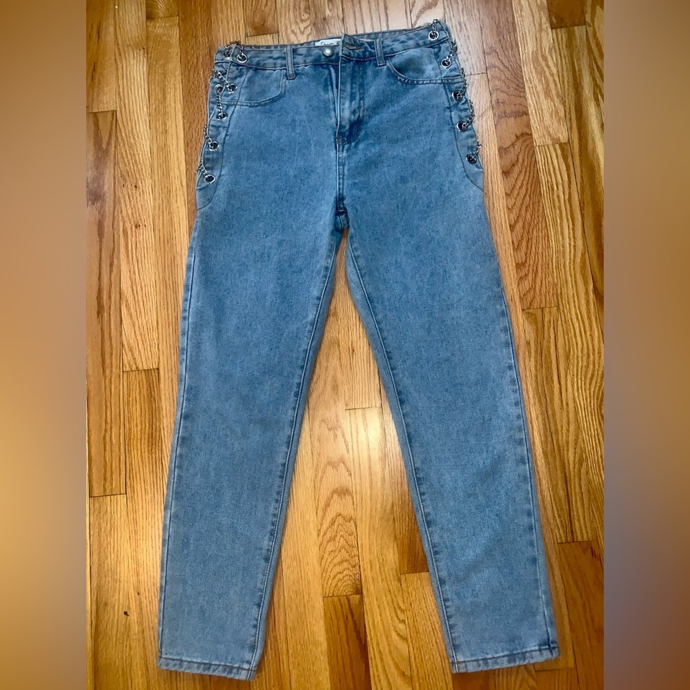 Light Blue Denim straight leg jeans with open sides and chain